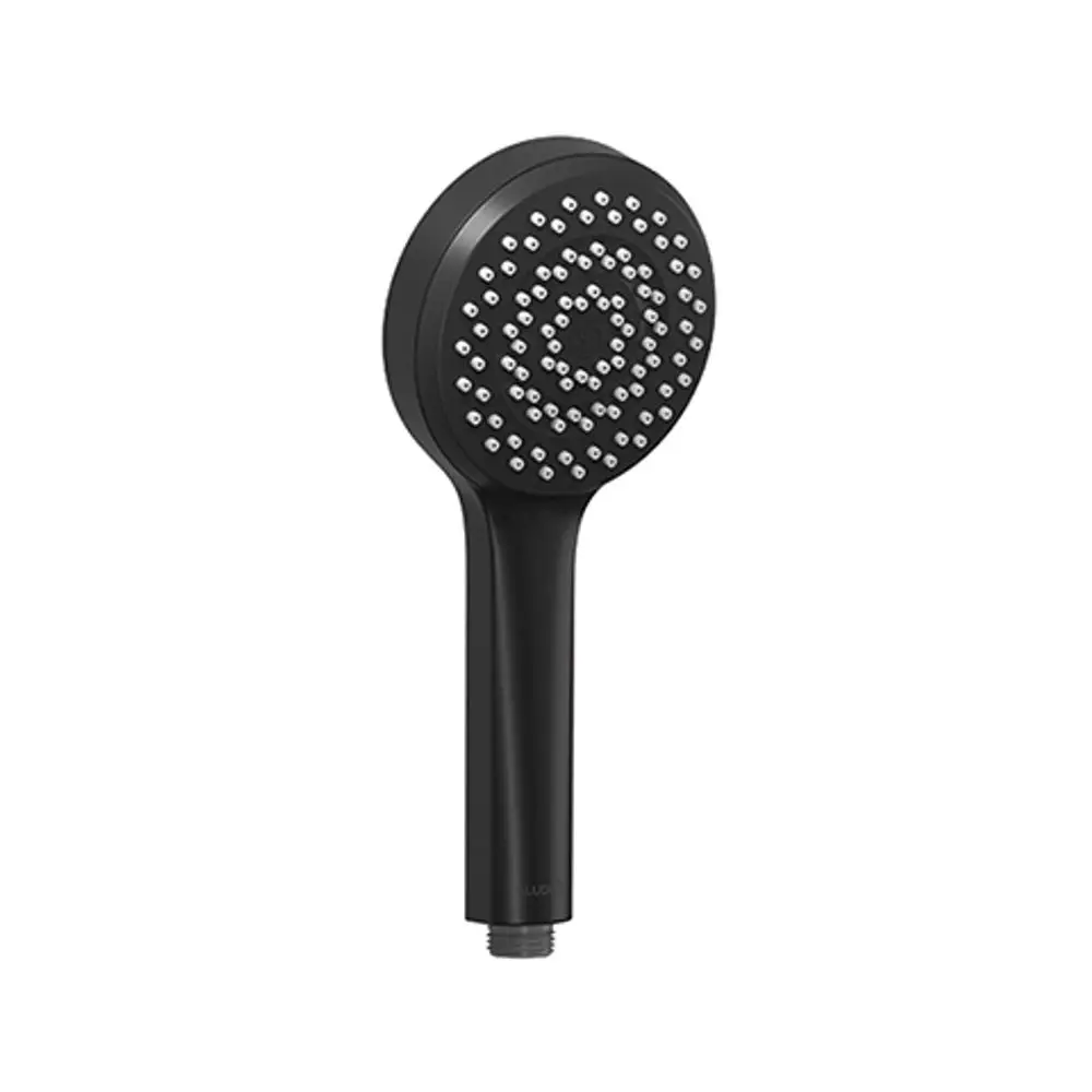 Schwarze Handbrause von Kludi mit runder Kopfpartie und gleichmäßig angeordneten Düsen. Ergonomischer Griff für eine komfortable Nutzung.